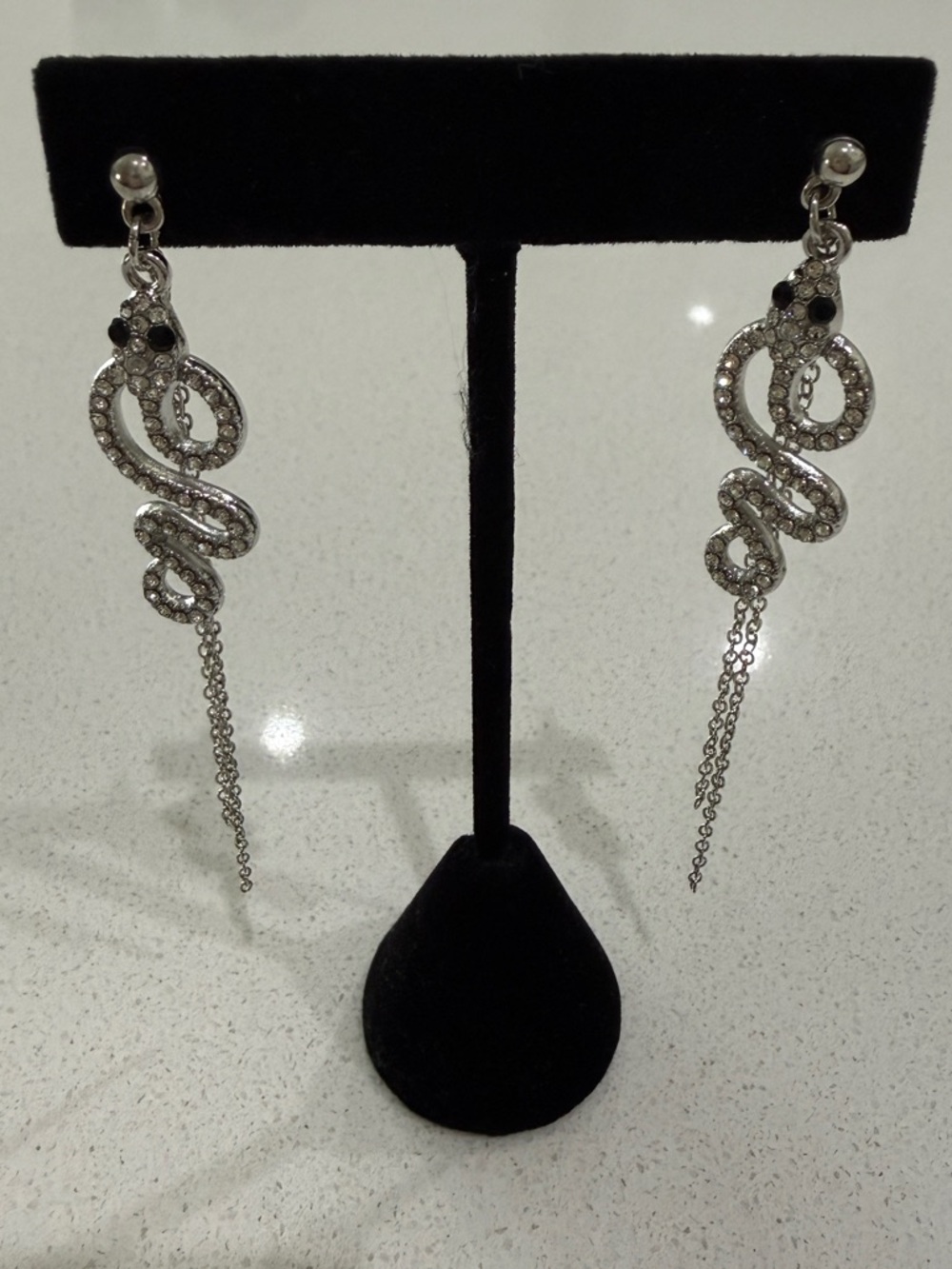 Silver Tone Snake Drop Earrings with Crystal Accents